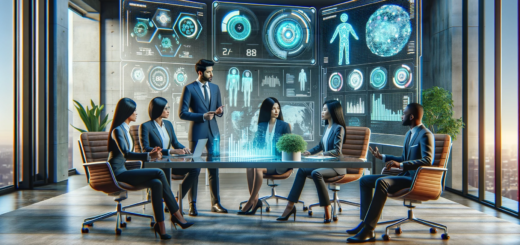 Bild im Querformat, das eine futuristische und lebendige Büroeinstellung mit einem diversen Team von Fachleuten zeigt, die über Künstliche Intelligenz in Vertrieb und Marketing diskutieren.