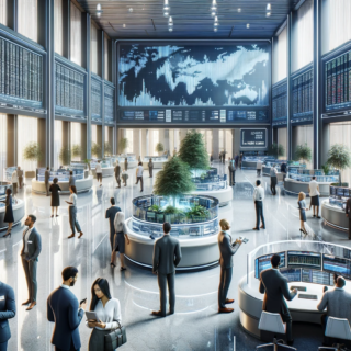 futuristische Szene der Wall Street im Jahr 2030 in einem Gebäude zeigen, die natürlicher und fotorealistischer wirkt.