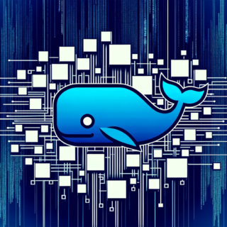 Das Bild mit dem blauen Docker-Wal-Logo, den miteinander verbundenen Kästchen und den senkrecht verlaufenden Codezeilen im Matrix-Stil wurde erstellt. Sie können es oben einsehen.