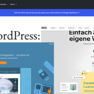 Eine Komposition aus 3 Screenshots der Internetseiten von Wordpress, Blogger und Wix.