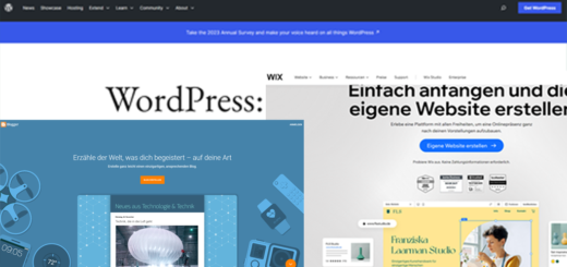 Eine Komposition aus 3 Screenshots der Internetseiten von Wordpress, Blogger und Wix.