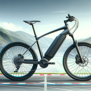 E-Bike auf einer Straße, freistehend mit einer Stadt im Hintergrund