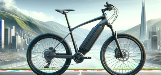 E-Bike auf einer Straße, freistehend mit einer Stadt im Hintergrund