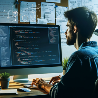 Das Bild zeigt einen Softwareentwickler, der an einem Computer sitzt und Code für eine LangChain-Anwendung schreibt. Der Bildschirm zeigt komplexen Code und ein Diagramm, das die Struktur einer LangChain-Anwendung illustriert. Die Umgebung ist modern und technikorientiert, mit Notizen und Diagrammen zu LangChain an den Wänden. Der Entwickler wirkt fokussiert und engagiert, was die innovative und fortschrittliche Natur der Arbeit mit LangChain widerspiegelt.
