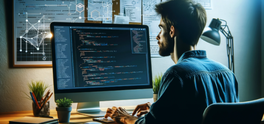 Das Bild zeigt einen Softwareentwickler, der an einem Computer sitzt und Code für eine LangChain-Anwendung schreibt. Der Bildschirm zeigt komplexen Code und ein Diagramm, das die Struktur einer LangChain-Anwendung illustriert. Die Umgebung ist modern und technikorientiert, mit Notizen und Diagrammen zu LangChain an den Wänden. Der Entwickler wirkt fokussiert und engagiert, was die innovative und fortschrittliche Natur der Arbeit mit LangChain widerspiegelt.