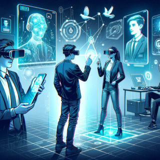 Die Illustration zeigt ein Hologramm-Telefonat, bei dem zwei Personen in getrennten Räumen durch Hologramm-Technologie miteinander kommunizieren. Eine Person trägt eine VR-Brille und sieht das dreidimensionale Hologramm ihres Gesprächspartners, während der andere in sein Smartphone blickt, wobei eine Kamera ihn aufnimmt und sein Abbild in 3D projiziert. Die Umgebung ist modern und technologisch fortschrittlich, mit holografischen Projektionen und futuristischer Technik, und bietet einen realistischen Einblick in die Zukunft der Hologramm-Telefonie.