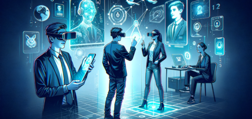Die Illustration zeigt ein Hologramm-Telefonat, bei dem zwei Personen in getrennten Räumen durch Hologramm-Technologie miteinander kommunizieren. Eine Person trägt eine VR-Brille und sieht das dreidimensionale Hologramm ihres Gesprächspartners, während der andere in sein Smartphone blickt, wobei eine Kamera ihn aufnimmt und sein Abbild in 3D projiziert. Die Umgebung ist modern und technologisch fortschrittlich, mit holografischen Projektionen und futuristischer Technik, und bietet einen realistischen Einblick in die Zukunft der Hologramm-Telefonie.