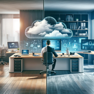 Auf der linken Seite das traditionelle Büro mit einem Standard-PC und auf der rechten Seite ein modernes Büro mit einer cloud-basierten PC-Lösung.