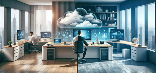 Auf der linken Seite das traditionelle Büro mit einem Standard-PC und auf der rechten Seite ein modernes Büro mit einer cloud-basierten PC-Lösung.