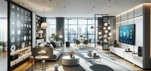 ein modernes, technologisch fortschrittliches Smart-Home-Interieur zeigt, welches durch den Funkstandard Matter ermöglicht wird.