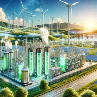 Hier ist ein querformatiges Bild, das verschiedene Power-to-X-Technologien in Aktion darstellt. Im Vordergrund ist eine hochmoderne Anlage zur Produktion von grünem Wasserstoff mit fortschrittlichen Elektrolyseeinheiten zu sehen, die keine Verschmutzung ausstößt. Im Hintergrund sind diverse erneuerbare Energiequellen wie Windturbinen und Solarmodule harmonisch in die natürliche Umgebung integriert. Der klare, blaue Himmel symbolisiert eine saubere und nachhaltige Zukunft. Diese Szene spiegelt die innovative und ökologische Essenz der Power-to-X-Technologien wider.