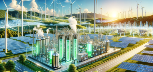 Hier ist ein querformatiges Bild, das verschiedene Power-to-X-Technologien in Aktion darstellt. Im Vordergrund ist eine hochmoderne Anlage zur Produktion von grünem Wasserstoff mit fortschrittlichen Elektrolyseeinheiten zu sehen, die keine Verschmutzung ausstößt. Im Hintergrund sind diverse erneuerbare Energiequellen wie Windturbinen und Solarmodule harmonisch in die natürliche Umgebung integriert. Der klare, blaue Himmel symbolisiert eine saubere und nachhaltige Zukunft. Diese Szene spiegelt die innovative und ökologische Essenz der Power-to-X-Technologien wider.