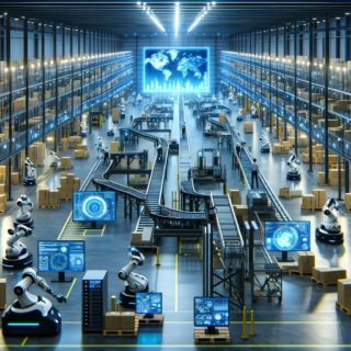 Das Bild zeigt ein hochmodernes Lager mit Robotern und automatisierten Systemen, das die Verwendung von künstlicher Intelligenz in der Logistik veranschaulicht. In der Szene sieht man ein geschäftiges Lager, in dem autonome Roboter Waren handhaben, fortschrittliche Förderbänder in Betrieb sind und digitale Anzeigen Echtzeit-Datenanalysen zeigen. Die Umgebung ist modern und effizient und spiegelt die Integration von Predictive Analytics und Automatisierungstechnologie im Supply Chain Management wider. Das Lager ist voller Aktivität, dennoch geordnet und präzise organisiert, was die Auswirkungen von KI und Automatisierung auf die Logistikbranche symbolisiert. Das Bild ist im Querformat gehalten, um die Breite des Lagers einzufangen.