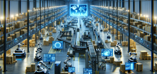 Das Bild zeigt ein hochmodernes Lager mit Robotern und automatisierten Systemen, das die Verwendung von künstlicher Intelligenz in der Logistik veranschaulicht. In der Szene sieht man ein geschäftiges Lager, in dem autonome Roboter Waren handhaben, fortschrittliche Förderbänder in Betrieb sind und digitale Anzeigen Echtzeit-Datenanalysen zeigen. Die Umgebung ist modern und effizient und spiegelt die Integration von Predictive Analytics und Automatisierungstechnologie im Supply Chain Management wider. Das Lager ist voller Aktivität, dennoch geordnet und präzise organisiert, was die Auswirkungen von KI und Automatisierung auf die Logistikbranche symbolisiert. Das Bild ist im Querformat gehalten, um die Breite des Lagers einzufangen.
