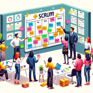 Here are the images in a wide format, illustrating a Scrum team at work around a Scrum board.