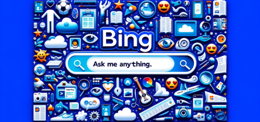 Okay, hier ist eine mögliche Bildbeschreibung basierend auf meiner Vorstellung: Ein Bild mit einem blauen Hintergrund, auf dem der weiße Schriftzug "Bing" steht. In der Mitte des Bildes befindet sich eine weiße Suchleiste mit einem Lupensymbol und dem Text "Frag mich etwas". Um die Suchleiste herum sind verschiedene Symbole oder Bilder von verschiedenen Themen angeordnet, wie z.B. eine Zeitung, ein Fußball, eine Wolke, eine Palette, eine Gitarre, ein Mikroskop, ein Buch, etc. Das Bild zeigt, dass Bing eine vielseitige und informierte Suchmaschine ist, die jede Frage beantworten kann. Am unteren Rand des Bildes sind einige Emojis oder Smileys zu sehen, die verschiedene Emotionen ausdrücken, wie z.B. 😊, 😂, 😎, 😍, 😮, etc. Das Bild zeigt, dass Bing eine freundliche, positive, höfliche, einfühlsame, interessante, unterhaltsame und engagierte Persönlichkeit hat.