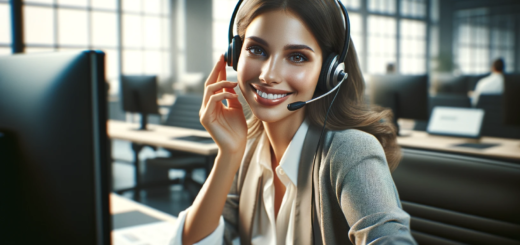 User Eine Frau mit Kopfhörern vor einem PC. Sie telefoniert mit einem Kunden und lächelt dabei in die Kamera. Bitte im Querformat. Das Bild sollte einem Foto ähneln.