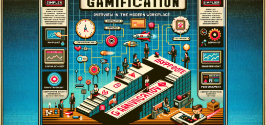 Hier ist das Bild im Stil eines Computerspiels aus den 90er Jahren, das einen Überblick über Ihren Artikel zum Thema Gamification in der modernen Arbeitswelt gibt.