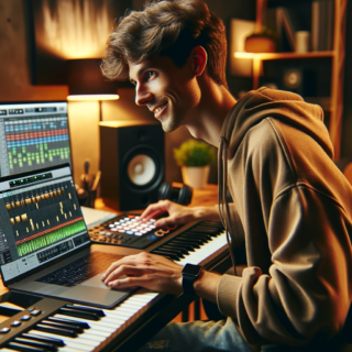 Hier ist das von Ihnen angeforderte Bild im Querformat. Es zeigt einen jungen Musikproduzenten, der enthusiastisch und fokussiert in einem modernen Heimstudio arbeitet und Microsoft Copilot auf einem Laptop nutzt.