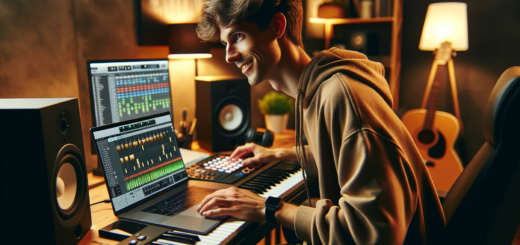 Hier ist das von Ihnen angeforderte Bild im Querformat. Es zeigt einen jungen Musikproduzenten, der enthusiastisch und fokussiert in einem modernen Heimstudio arbeitet und Microsoft Copilot auf einem Laptop nutzt.