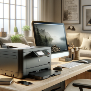 A-realistic-image-of-a-laser-printer-in-a-home-office-setting.-The-scene-includes-a-sleek-modern-laser-printer-on-a-wooden-desk.
