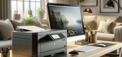 A-realistic-image-of-a-laser-printer-in-a-home-office-setting.-The-scene-includes-a-sleek-modern-laser-printer-on-a-wooden-desk.