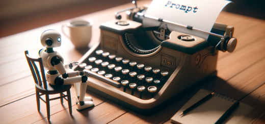 Auf dem Bild ist ein Schreibtisch zu sehen, darauf befindet sich eine alte Schreibmaschiniene. Auf einem Stuhl vor dem Schreibtisch sitzt ein Roboter. Auf dem Blatt, was in der Schreibmschine steckt, steht das Wort "PROMPT" geschrieben.