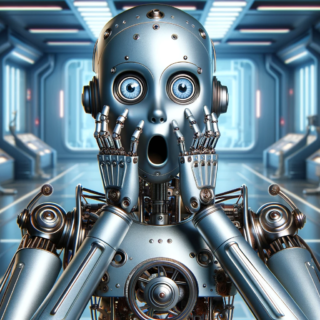 Here is the image of a startled robot in landscape orientation, holding its hands up to its face in shock.