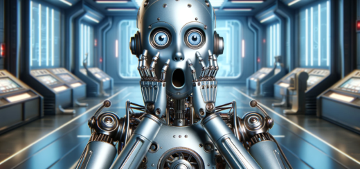 Here is the image of a startled robot in landscape orientation, holding its hands up to its face in shock.