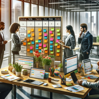 Here are the images depicting a project management team using the Kanban method in a modern office setting.