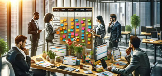 Here are the images depicting a project management team using the Kanban method in a modern office setting.