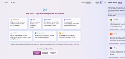 Das bild zeigt die Startseite von Copilot inkl. der neuen Plugin-Funktionen