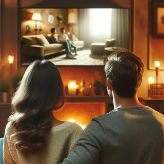 "A couple are sitting on the couch. View from behind. They are watching television together. The living room is stylish but cosy. "