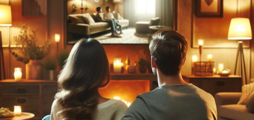 "A couple are sitting on the couch. View from behind. They are watching television together. The living room is stylish but cosy. "