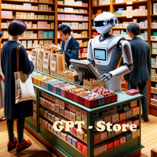 A traditional store interior with shelves lined with small colorful boxes featuring various motifs. Multiple customers are standing in line at the che.
