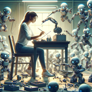 A woman sitting at a desk in a room, surrounded by many small robots with tools in their hands, all actively building something. The scene is depicted.
