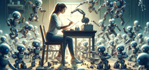 A woman sitting at a desk in a room, surrounded by many small robots with tools in their hands, all actively building something. The scene is depicted.
