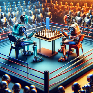 Two robots in a boxing ring seated at a table in the center intently playing chess. The ring is surrounded by an excited audience of various robots