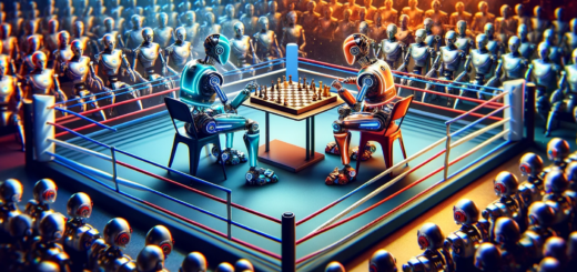 Two robots in a boxing ring seated at a table in the center intently playing chess. The ring is surrounded by an excited audience of various robots