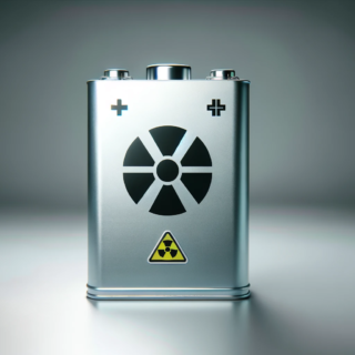 image in landscape format featuring a battery with a warning sign for radioactive radiation. The battery is centrally placed and has a clear,