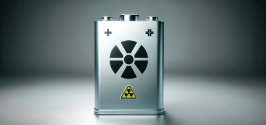 image in landscape format featuring a battery with a warning sign for radioactive radiation. The battery is centrally placed and has a clear,