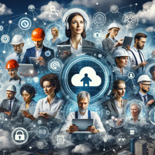 Eine Collage, die verschiedene Berufsfelder symbolisiert, umgeben von digitalen Symbolen wie einem Netzwerk, einem Cloud-Symbol und digitalen Geräten, die die vielfältige und transformative Natur der Digitalisierung in der Arbeitswelt darstellen.