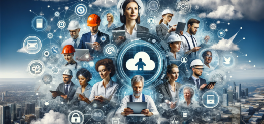 Eine Collage, die verschiedene Berufsfelder symbolisiert, umgeben von digitalen Symbolen wie einem Netzwerk, einem Cloud-Symbol und digitalen Geräten, die die vielfältige und transformative Natur der Digitalisierung in der Arbeitswelt darstellen.