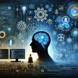 Das Bild zeigt Symbole und Elemente wie einen Computerbildschirm mit Code, eine menschliche Silhouette mit Gedankenblasen, die KI-Modelle wie GPT-3 darstellen, sowie verschiedene Zahnräder und neuronale Netzgrafiken, die den Prozess des Entwerfens effektiver Prompts symbolisieren. Der Hintergrund vermittelt ein Gefühl von Technologie und Innovation mit digitalen Mustern oder schaltkreisähnlichen Designs.