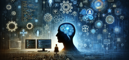 Das Bild zeigt Symbole und Elemente wie einen Computerbildschirm mit Code, eine menschliche Silhouette mit Gedankenblasen, die KI-Modelle wie GPT-3 darstellen, sowie verschiedene Zahnräder und neuronale Netzgrafiken, die den Prozess des Entwerfens effektiver Prompts symbolisieren. Der Hintergrund vermittelt ein Gefühl von Technologie und Innovation mit digitalen Mustern oder schaltkreisähnlichen Designs.
