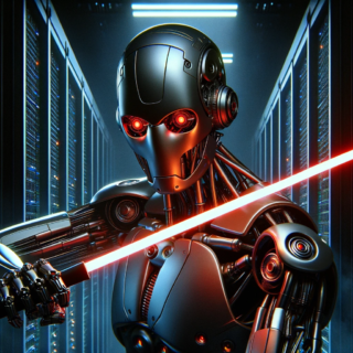 Robot with red eyes, titanium colored surface fights with lightsaber against server rack. Dark background, dark future, digital art 8k uhd, low light, high quality, film grain, Nikon D80, deep shadow