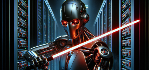 Robot with red eyes, titanium colored surface fights with lightsaber against server rack. Dark background, dark future, digital art 8k uhd, low light, high quality, film grain, Nikon D80, deep shadow