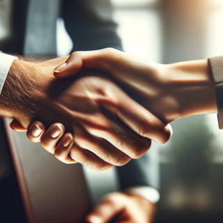 Hier ist das Bild im Querformat, das eine Hand einer Frau und eine Hand eines Mannes zeigt, die sich in einem Geschäftsabschluss die Hände schütteln.