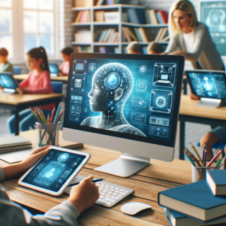 Ein Lehrer nutzt KI-Technologie am Computer in einem modernen Klassenzimmer, um Schülern mit Tablets individualisierte Lerninhalte zu bieten.