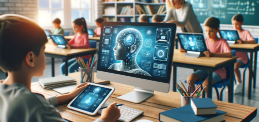 Ein Lehrer nutzt KI-Technologie am Computer in einem modernen Klassenzimmer, um Schülern mit Tablets individualisierte Lerninhalte zu bieten.